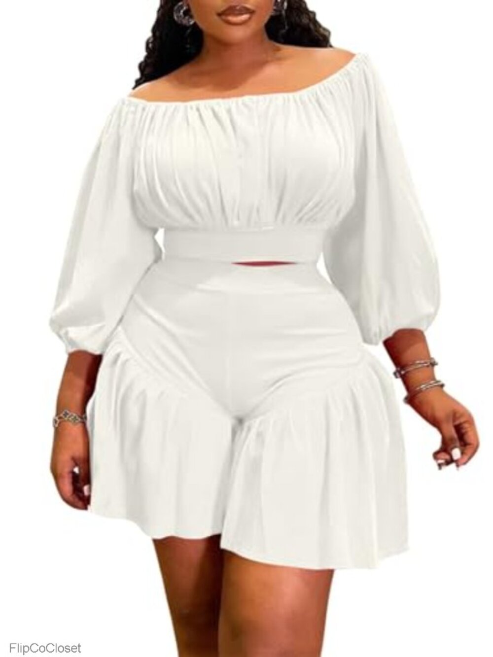 Plus Size 2 Piece Outfit Off Shoulder Puff Sleeve Crop Top & Ruffle Shorts Set